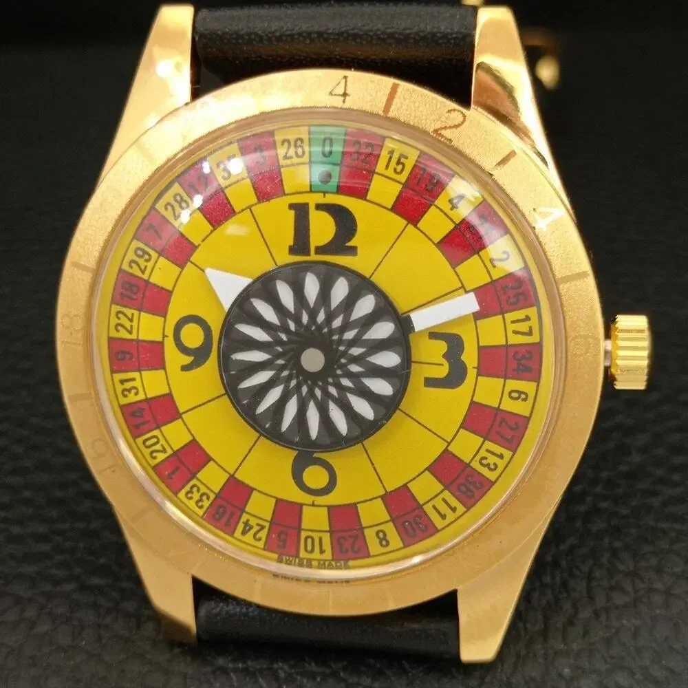 Vintage 1979 Roulette Manual Mens Gold Watch W/Leather Strap & Red/Yellow accent